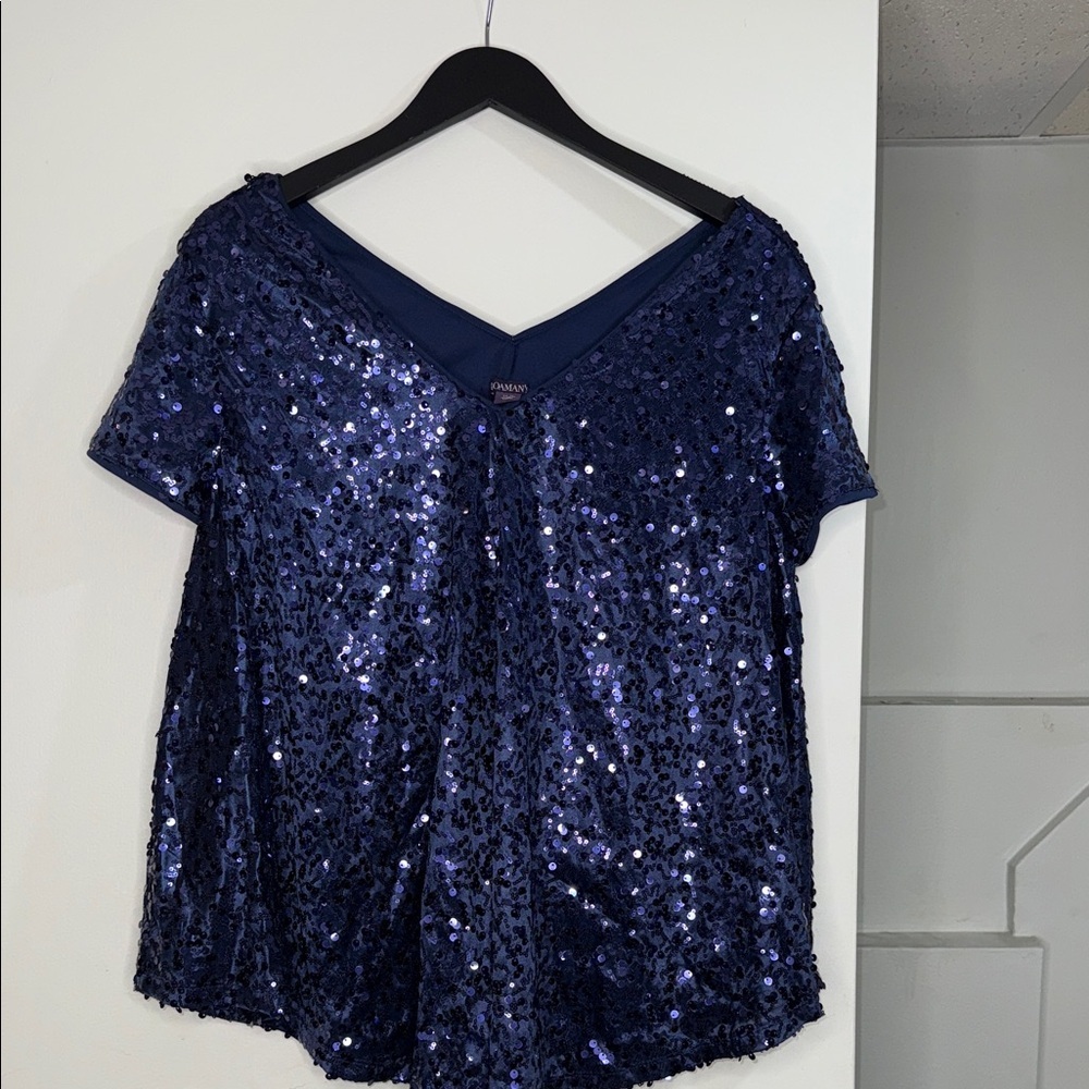 Roaman's Midnight Blue Sequin V-Neck Blouse